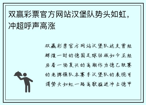 双赢彩票官方网站汉堡队势头如虹，冲超呼声高涨
