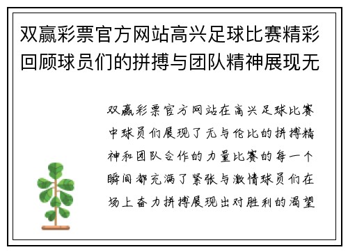 双赢彩票官方网站高兴足球比赛精彩回顾球员们的拼搏与团队精神展现无遗