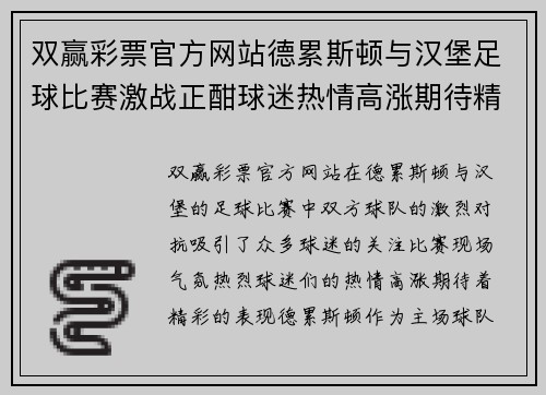 双赢彩票官方网站德累斯顿与汉堡足球比赛激战正酣球迷热情高涨期待精彩表现