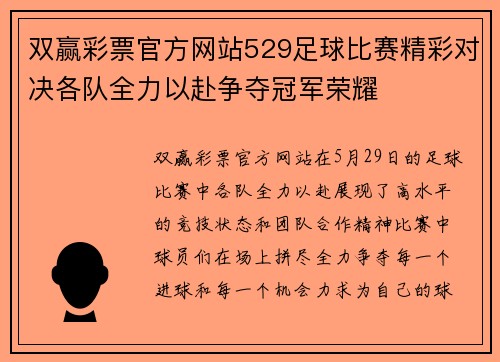 双赢彩票官方网站529足球比赛精彩对决各队全力以赴争夺冠军荣耀
