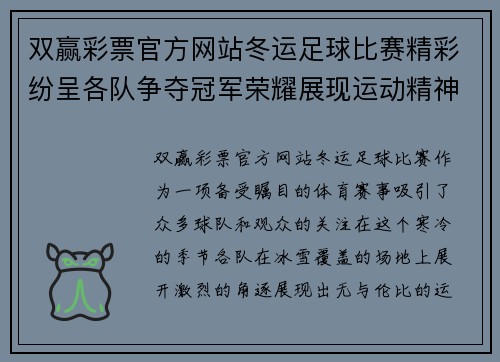 双赢彩票官方网站冬运足球比赛精彩纷呈各队争夺冠军荣耀展现运动精神