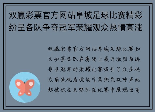 双赢彩票官方网站阜城足球比赛精彩纷呈各队争夺冠军荣耀观众热情高涨